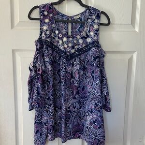 Eyeshadow Navy & Purple Paisley Lace-Trim Cold Shoulder Top